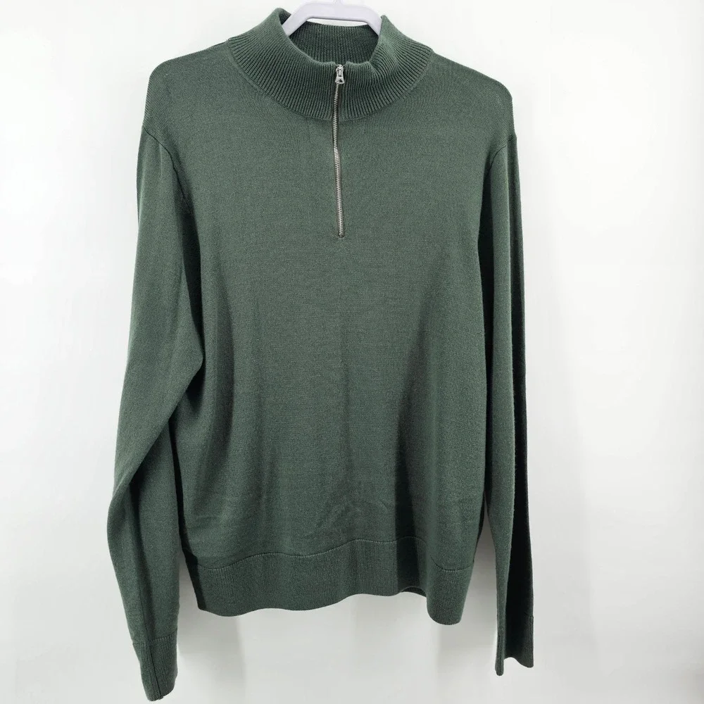 J.Crew Half Zip Sweater Mens L Green Merino Wool Blend BB697 FA22 Mock Neck